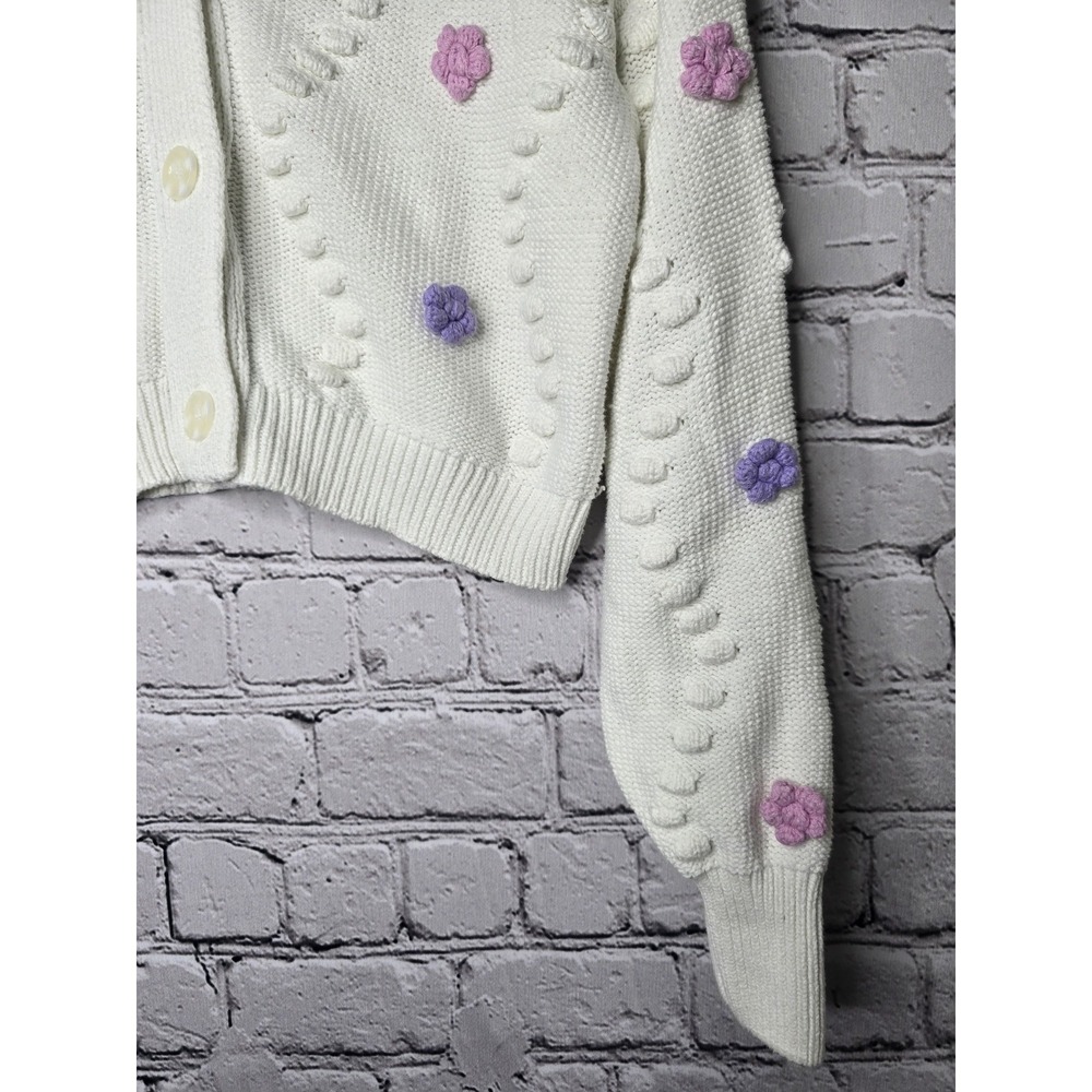 Jessica Simpson 3D Embroidered Flower Knit Cardigan White Purple Size Large - Picture 4 of 9